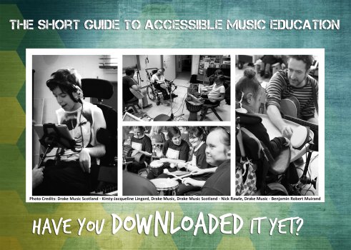 Postcard promoting the Guide showing black and white images of music workshops with the text "Have You Downloaded It Yet?"