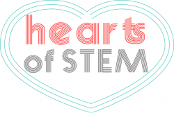 Logo in blue, red & grey - a heart with hearts of STEM written inside
