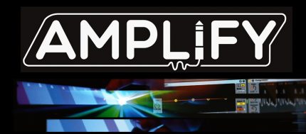 Image: Amplify logo with overlayed images of music software and expanding spotlights