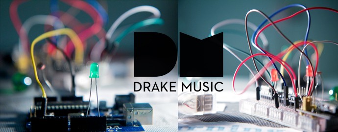 Image: 2 close up photos of wires and electronic components with DM logo