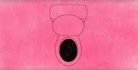 A hand-made line drawing of a toilet on a pink backdrop