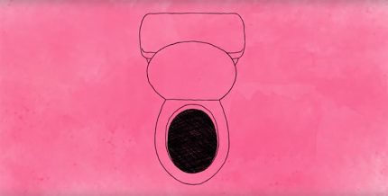A hand-made line drawing of a toilet on a pink backdrop