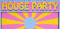 A colourful pink, yellow and pale blue illustration of a sun with rays coming out of the centre and the words House Party in a funky font.