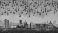 Harps and guitars hover in the air over a cityscape of Hull. A grey collaged image taken from a music video.