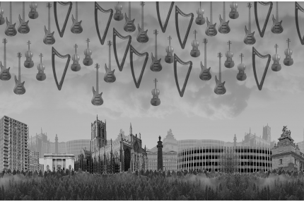 Harps and guitars hover in the air over a cityscape of Hull. A grey collaged image taken from a music video.