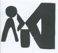 Monochromatic abstract artwork with blocky dark shapes on a light background