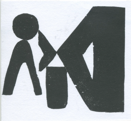 Monochromatic abstract artwork with blocky dark shapes on a light background