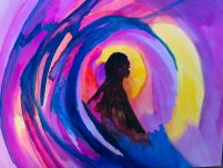 A swirl of painted colour in rich blues and pinks coruls over a small figure silhouetted at the centre