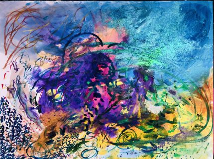 Painting: A vibrant textured blue leads down from the top right corner into a swirling mass of yellow, rich purple and pink at the centre.