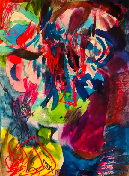 A vibrant painting with jags of scarlet, floods of lime green and deep blue. Very energetic.