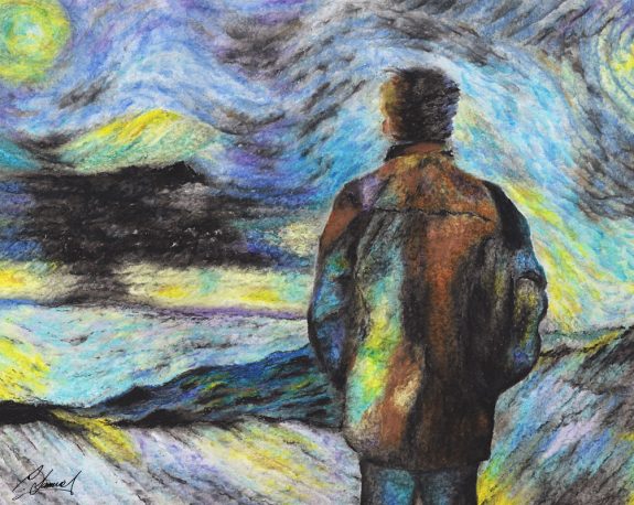 Artwork in pastel showing a man's back as he looks out to a landscape