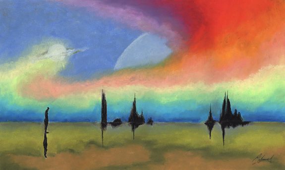 A painting of a landscape with silhouette trees and a mysterious sweep of rainbow colours in the sky
