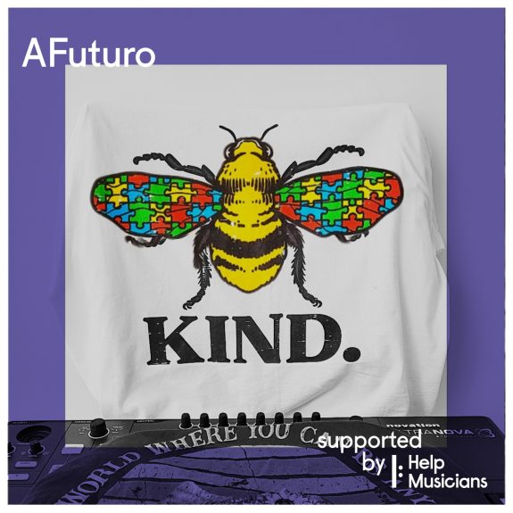 Digital collage saying AFuturo and 'supported by Help Musicians' it features an illustration of a bee with jigsaw wings and underneath the word 'kind'.
