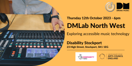 DM Lab North West 12th October 2023 18:00 – 20:00 Disability Stockport 23 High Street, Stockport, SK1 1EG A photograph of music technology.