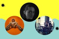 Image of three circles with different people inside. Circle one has a bright orange background and a woman with glasses and curly hair sitting down. Circle two is a black and white portrait of a woman and circle three is a photo of a woman speaking into a microphone who is in a wheelchair. Below is text saying Meet Our 2023 Emergent Artists and the circles are against a turquoise and yellow background.