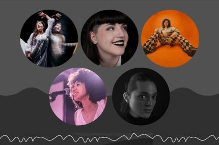 Photographs of 5 artists in circles. Daisy Higman on a computer wearing black Mi Mu gloves wearing a colourful jumpsuit. Yssi Wombwell behind a computer wearing black Mi Mu gloves. Elizabeth Birch wearing black lipstick, Rivkala wearing orange glasses and checkered trousers against an orange background and Geo in black and white with hair tied up wearing a hearing aid. At the top are the words Artists Updates in the middle against a dark grey background with white squiggles at the top.