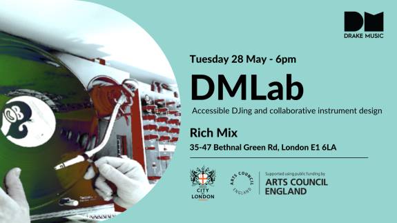 An infographic for DMLab London: Accessible DJing and collaborative instrument design. Tuesday 28th May 2024. Rich Mix, 35-47 Bethnal Green Road, London, E1 6LA. Overhead view of analogue turntables, with added colouring in purple, green, pink and red. Two hands are seen adjusting a record on one of the turntables. DM logo in top right corner, and City of London and ACE in bottom right.