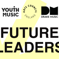 An infographic for Future Leaders. Logos for Youth Music, Arts Council England and Drake Music in top center of image, with a yellow sun in the background.