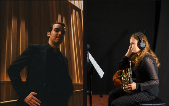 2 separate images. Left image is of Vinicius Motta, a young man dressed in a black suit. He is looking down at the camera in a confident manner. Right image is Georgina Spray, a young woman dressed in smart clothes. She is reading sheet music with a French horn resting on her legs. Both images are within a concert hall setting.