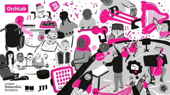 A black, white and pink illustration of OrchLab 2025 participants playing musical instruments, sitting at tables and composing music. They are smiling. 