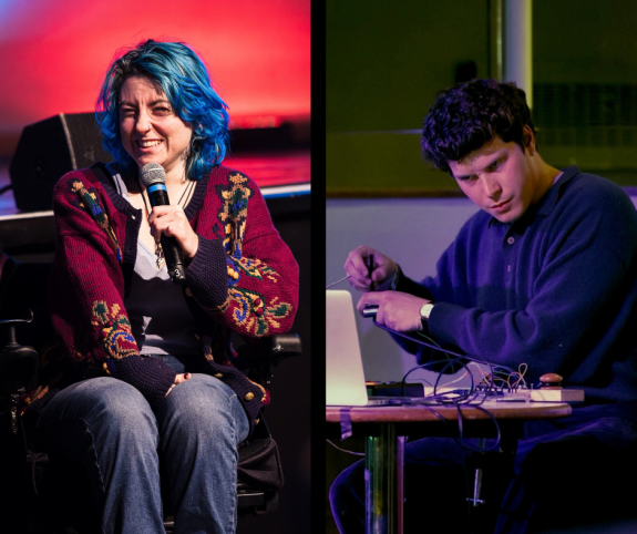 Miggy (left) presenting on stage. They are sitting in a black wheelchair, and are holding a microphone to their mouth, smiling at the camera. Hugh (right) sitting down at a desk with electronic components and a laptop. He has a look of concentration on his face.