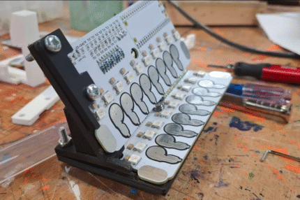 A grey and black rectangular-shaped device with 2 rows of silver thumbprint shaped sensors. It sits on a messy workbench.