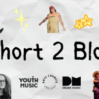 A notebook-style banner graphic with black text in the centre which reads: 'Future Leaders. End of programme blogs'. Across the graphic are 7 images of young Disabled musicians, and orange and yellow stars and musical notes.