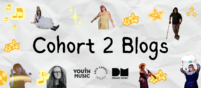 A notebook-style banner graphic with black text in the centre which reads: 'Future Leaders. End of programme blogs'. Across the graphic are 7 images of young Disabled musicians, and orange and yellow stars and musical notes.