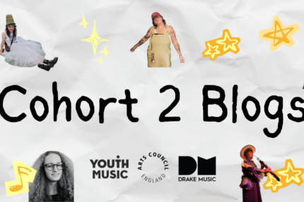 A notebook-style banner graphic with black text in the centre which reads: 'Future Leaders. End of programme blogs'. Across the graphic are 7 images of young Disabled musicians, and orange and yellow stars and musical notes.