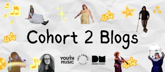 A notebook-style banner graphic with black text in the centre which reads: 'Future Leaders. End of programme blogs'. Across the graphic are 7 images of young Disabled musicians, and orange and yellow stars and musical notes.