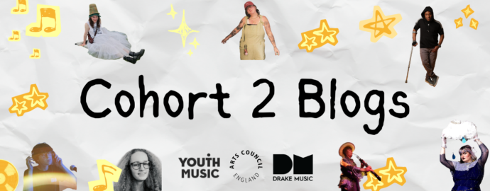 A notebook-style banner graphic with black text in the centre which reads: 'Future Leaders. End of programme blogs'. Across the graphic are 7 images of young Disabled musicians, and orange and yellow stars and musical notes.