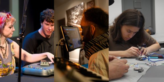 A banner image made up of 3 separate photos. On the left are two people using an accessible instrument, in the middle is a person using assistive music technology, and on the right is a person making things with electronic components and equipment. 