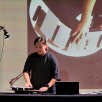Cheryl presenting her instrument, Sound of Joy, at DMLab Festival.