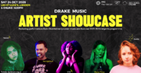 A flyer featuring images of 5 Disabled musicians lined-up in a row against a black textured background. Text reads: 'Drake Music Artist Showcase. Featuring performances from Disabled early-career musicians from our 2025-26 Emergents programme.'