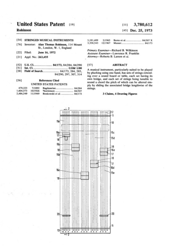A black and white diagram drawing and text of a United States Patent diagram for Stringed Musical Instruments.